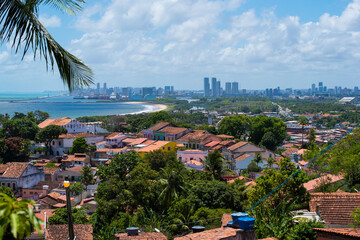 Brazilian old town of Olinda, aerial view with the city of Recife in the background, with the...