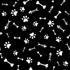 Seamless pattern with paw prints, fish skeletons and bones. Simple vector illustration.