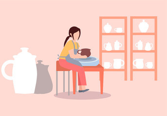 Girl learning to make pottery, vector graphics