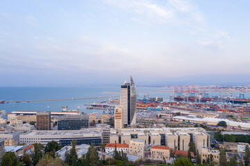 Fototapeta premium Aerial image of Haifa city bay on a clear afternoon.