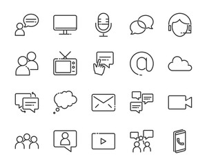 set of communication thin line icons, contact, speech bubble, conversation, talk