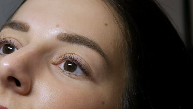 The face of a young girl before a modern eyelash lamination procedure in a professional beauty salon before the eyelash curling procedure. Portrait of a woman without makeup with dark lipstick.