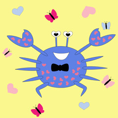 Romantic cartoon crab in the bow tie and hearts. Butterflies fly around сute smiling sea animal. Vector illustration