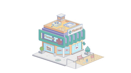 Isometric pharmacy on white background. Modern house in isometric projection.