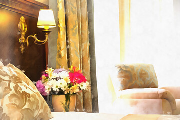 Still-life with flowers in the pot colorful painting