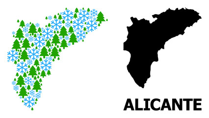 Vector mosaic map of Alicante Province organized for New Year, Christmas, and winter. Mosaic map of Alicante Province is constructed from snowflakes and fir trees.