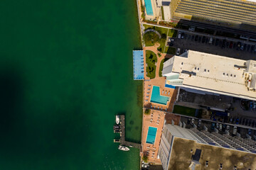 Overhead aerial drone photo Miami Beach condominiums on the water