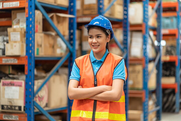 Asian young happy female warehouse worker wearing safety vest and helmet at work in the industry storage warehouse. Portrait of female worker at warehouse. Inspection quality control