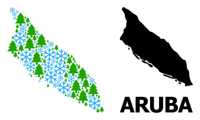 Vector mosaic map of Aruba Island created for New Year, Christmas, and winter. Mosaic map of Aruba Island is constructed from snow and fir forest.