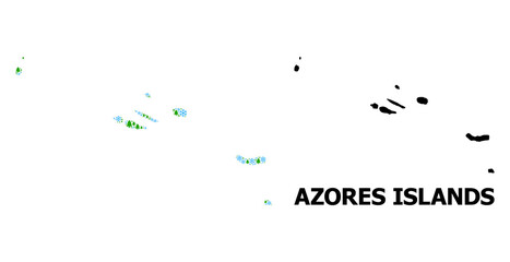 Vector mosaic map of Azores Islands done for New Year, Christmas, and winter. Mosaic map of Azores Islands is constructed of snow flakes and fir forest.