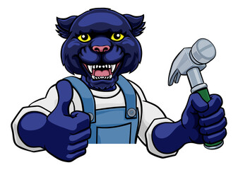 A panther cartoon animal mascot carpenter or handyman builder construction maintenance contractor peeking around a sign holding a hammer and giving a thumbs up