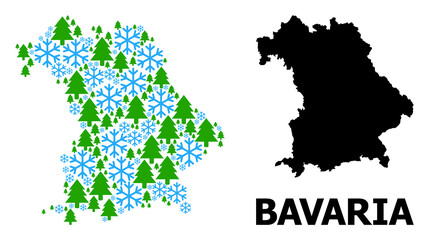 Obraz premium Vector composition map of Bavaria State done for New Year, Christmas, and winter. Mosaic map of Bavaria State is done of snow flakes and fir-trees.