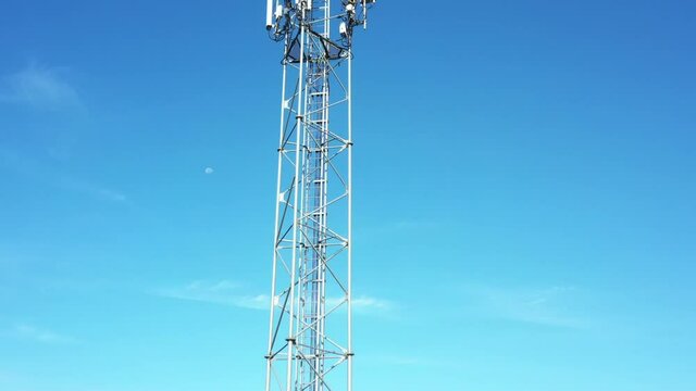 Footage 4k B-roll Aerial drone view of tower antennas Telecommunication cell phone, radio transmitters of cellular 5g 4g mobile and smartphones