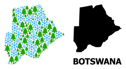 Obraz premium Vector collage map of Botswana constructed for New Year, Christmas, and winter. Mosaic map of Botswana is constructed from snowflakes and fir forest.
