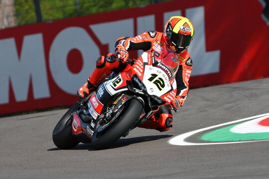 San Marino, Italy - May 12, 2017: Xavi Fores ESP Ducati Panigale R BARNI Racing Team in action during the qualifying session on May 12, 2017 in Imola Circuit, Italy