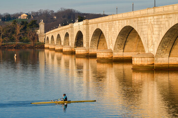 Memorial Bridge over Potomac River and a kayaker enjoy the ride  - Washington D.C. United States of...