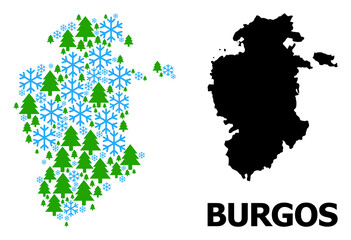 Vector mosaic map of Burgos Province combined for New Year, Christmas, and winter. Mosaic map of Burgos Province is shaped of snow flakes and fir trees.