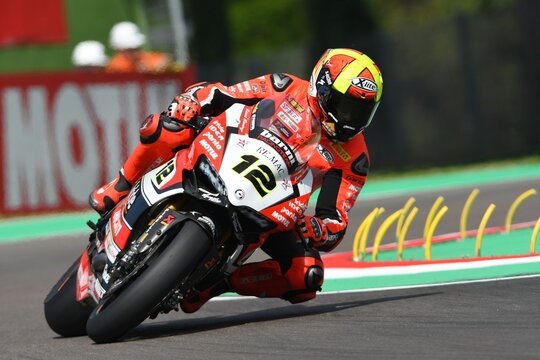 San Marino, Italy - May 12, 2017: Xavi Fores ESP Ducati Panigale R BARNI Racing Team in action during the qualifying session on May 12, 2017 in Imola Circuit, Italy