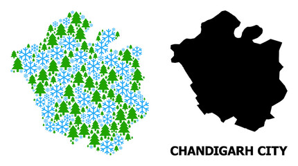 Obraz premium Vector mosaic map of Chandigarh City organized for New Year, Christmas, and winter. Mosaic map of Chandigarh City is organized with snowflakes and fir trees.