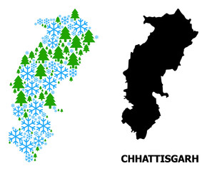 Vector mosaic map of Chhattisgarh State combined for New Year, Christmas, and winter. Mosaic map of Chhattisgarh State is organized from snow and fir trees.