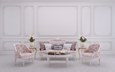 Classic style living room interior.Sofa,armchair,white wall with moulding.3d rendering