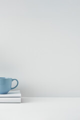 The mug stands on a stack of books on a white background. Natural and eco-friendly materials. Copy space, mock up.