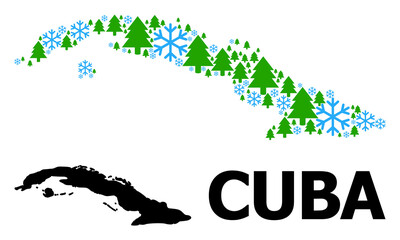 Vector mosaic map of Cuba created for New Year, Christmas, and winter. Mosaic map of Cuba is organized of snow and fir forest. Winter related items are arranged into abstract mosaic map of Cuba.