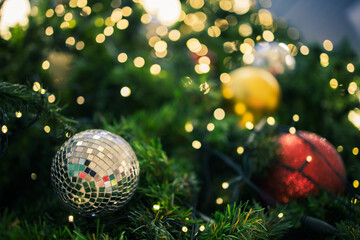 Christmas tree decoration with sparkle light, December celebration lighting background