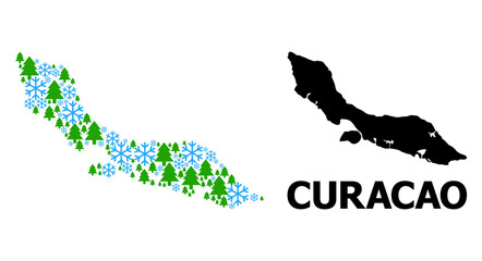 Vector mosaic map of Curacao Island created for New Year, Christmas, and winter. Mosaic map of Curacao Island is formed from snow and fir forest.