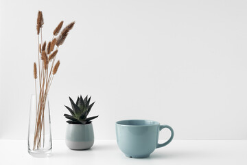 A mug, a potted houseplant and a transparent vase. Eco-friendly materials in the decor of the room, minimalism. Copy space, mock up