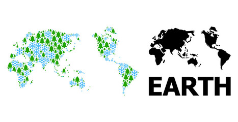 Fototapeta premium Vector mosaic map of Earth combined for New Year, Christmas, and winter. Mosaic map of Earth is constructed with snow and fir-trees. Winter related items are united into abstract mosaic map of Earth.