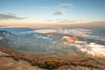 White clouds and mountains view. Natural background.