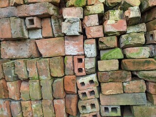 wall of red brick covered with moss