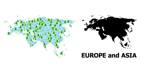 Fototapeta premium Vector mosaic map of Europe and Asia done for New Year, Christmas, and winter. Mosaic map of Europe and Asia is created with snow flakes and fir trees.
