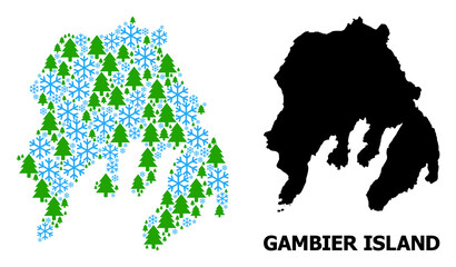 Obraz premium Vector collage map of Gambier Island organized for New Year, Christmas, and winter. Mosaic map of Gambier Island is organized with snow flakes and fir forest.