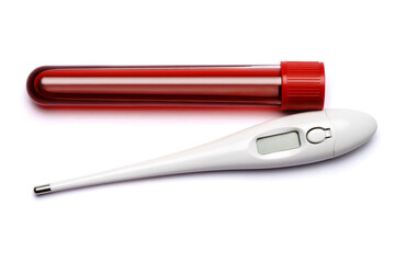 Blood test tube and thermometer isolated on white background