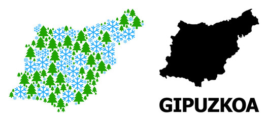 Obraz premium Vector mosaic map of Gipuzkoa Province created for New Year, Christmas, and winter. Mosaic map of Gipuzkoa Province is created of snow and fir-trees.