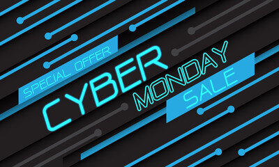 Cyber Monday sale special offer blue light circuit geometric technology on black design modern futuristic vector background illustration.