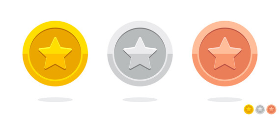 Gold game coin. Coin icon. Golden medal. Coin with the star. Graphic user interface design element. Gold star. Vector money symbol. 1st, 2nd, 3rd places award. Game currency. Bronze, silver.  © r2dpr