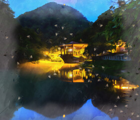 Beautiful landscape with pavilion on the water