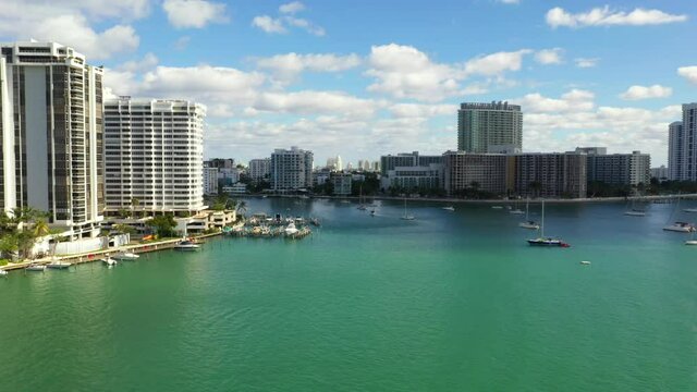 Miami coastal sailboat harbor scene aerial video 4k