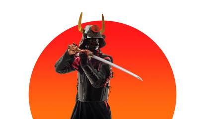 japanese samurai in black uniform with katana sword, on japan flag background