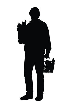 recommend clip art: Shopping man with basket silhouette vector on white