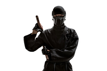 japanese ninja in black uniform with nunchuks cold weapon, on white background, isolated © tankist276
