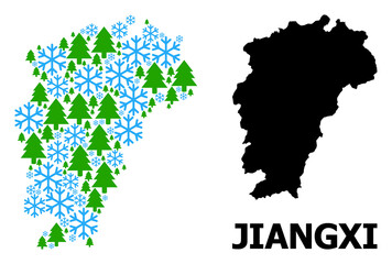 Vector collage Map of Jiangxi Province organized for New Year, Christmas, and winter. Mosaic Map of Jiangxi Province is organized of snow and fir-trees.