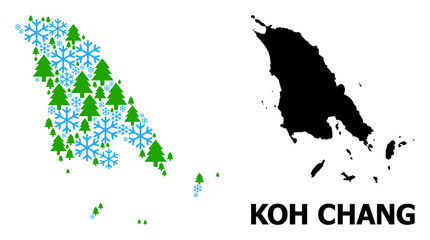 Obraz premium Vector mosaic map of Koh Chang done for New Year, Christmas, and winter. Mosaic map of Koh Chang is organized with snowflakes and fir forest.