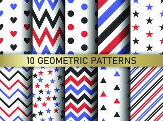 Set of seamless geometric shapes patterns. Collection of symbol backgrounds. Red and blue dots stars hearts zig zag and triangles patterns