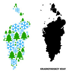 Obraz premium Vector mosaic map of Krasnoyarskiy Kray created for New Year, Christmas, and winter. Mosaic map of Krasnoyarskiy Kray is created with snow and fir forest.