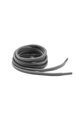Subject shot of gray shoe strings with thin tips. The shoe laces are rolled into a coil and isolated on the white background.
