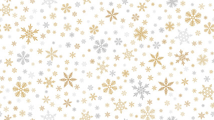 Golden snowflakes background. Luxury vector Christmas seamless pattern with small gold and silver snow flakes on white. Winter holidays theme. Repeat design for decor, wallpapers, banner, web, print